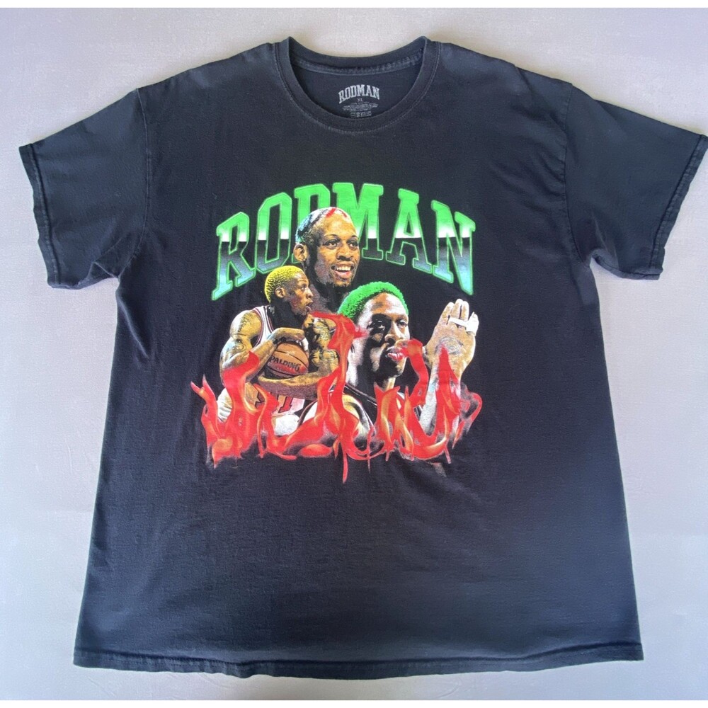 Rodman Dennis Rodman Graphic T-Shirt Men's XL Black Flames Made USA 100% Cotton